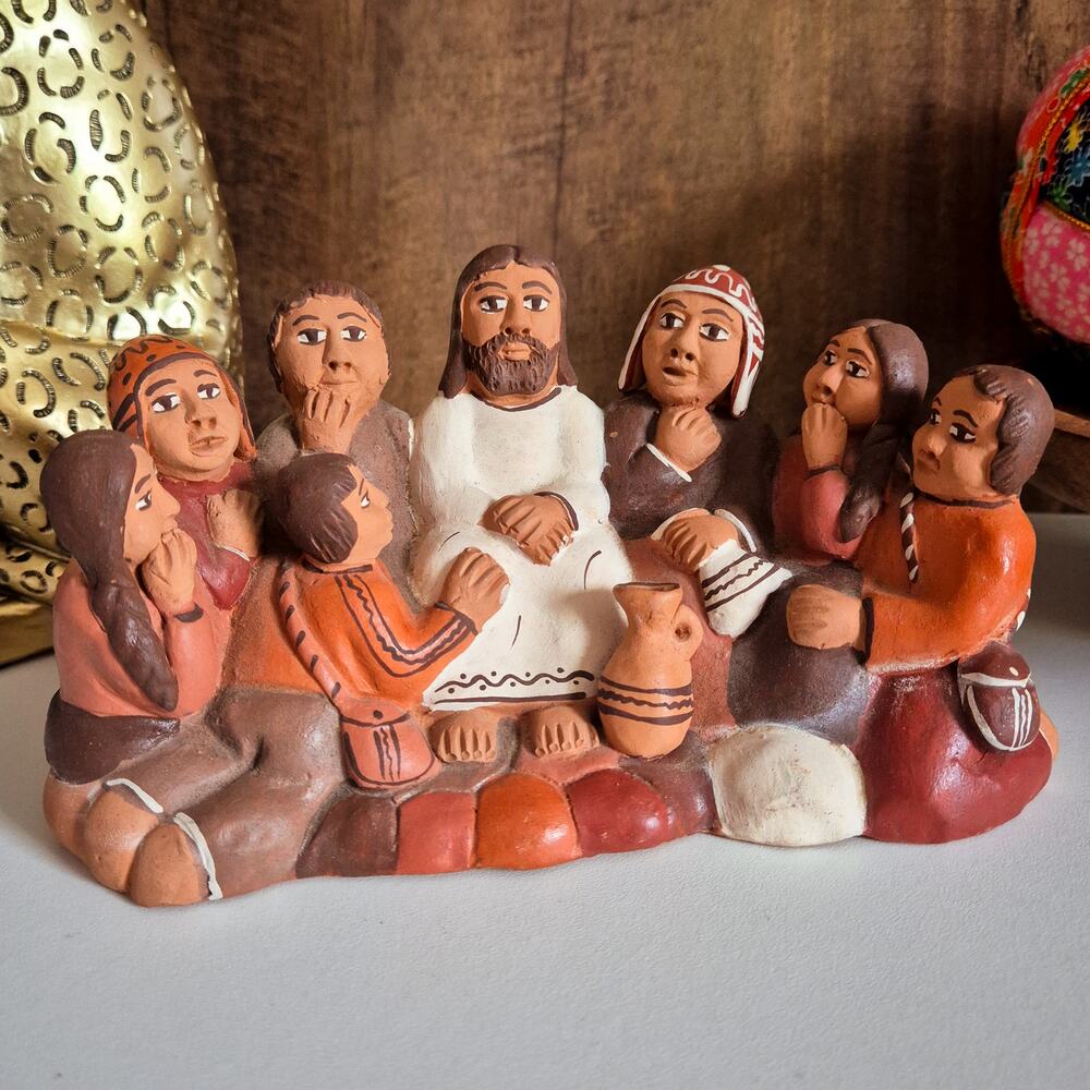 Vintage Peru Terracotta Jesus with Children Folk Art Sculpture